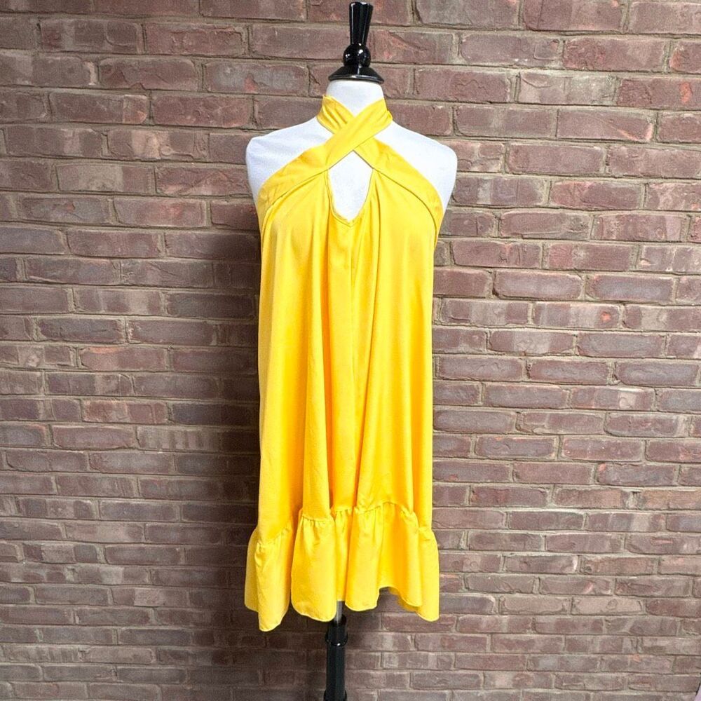 Womens Yellow Halter Tie Ruffle Dress Sz 1XL